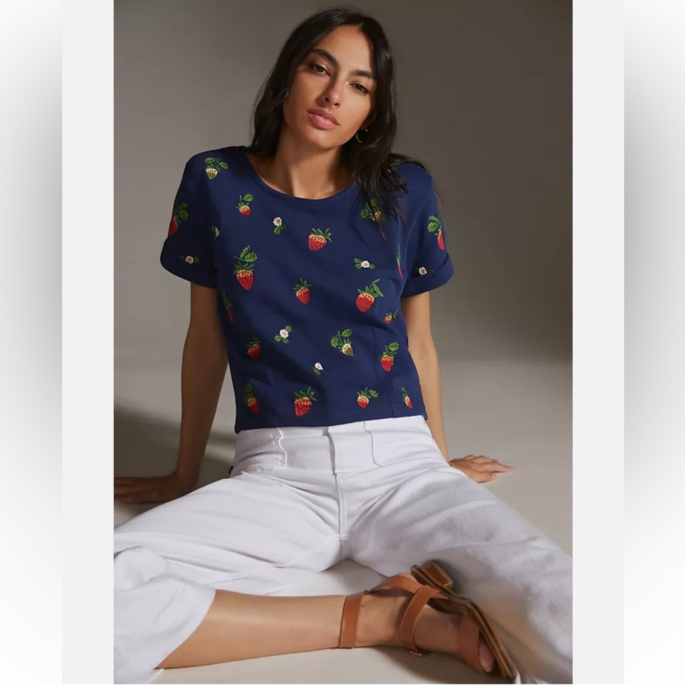 Anthropologie Maeve Embroidered Strawberry Sweatshirt Tee
